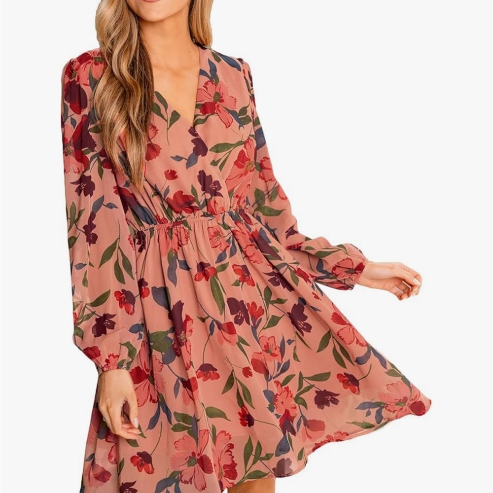 Mini Dresses Casual Spring V Neck Chiffon Long Peasant Sleeves Flowy
